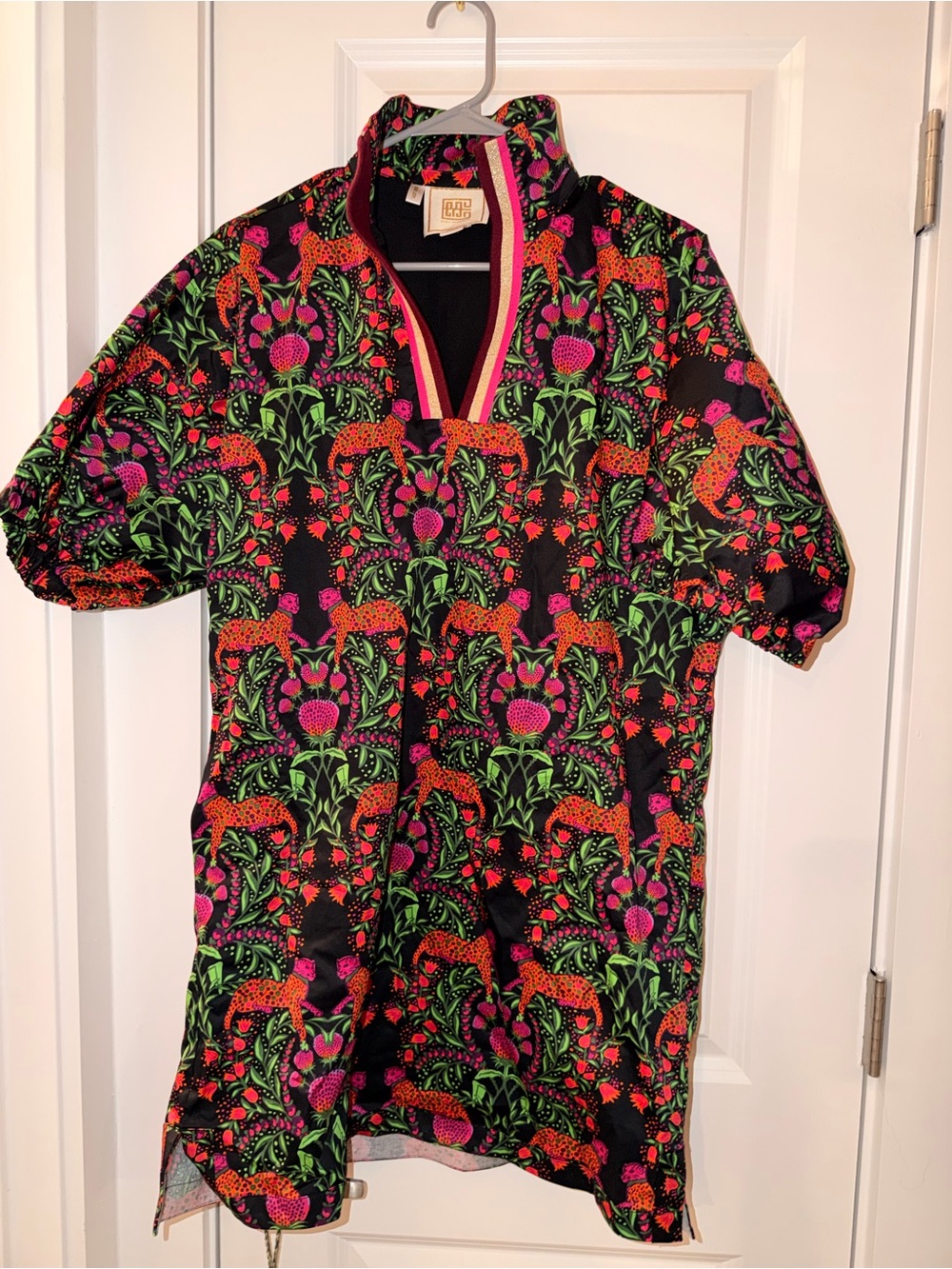 LuLaRoe Short Sleeve V-Neck Tee — Black with Pink, Green & Orange Graphic Print